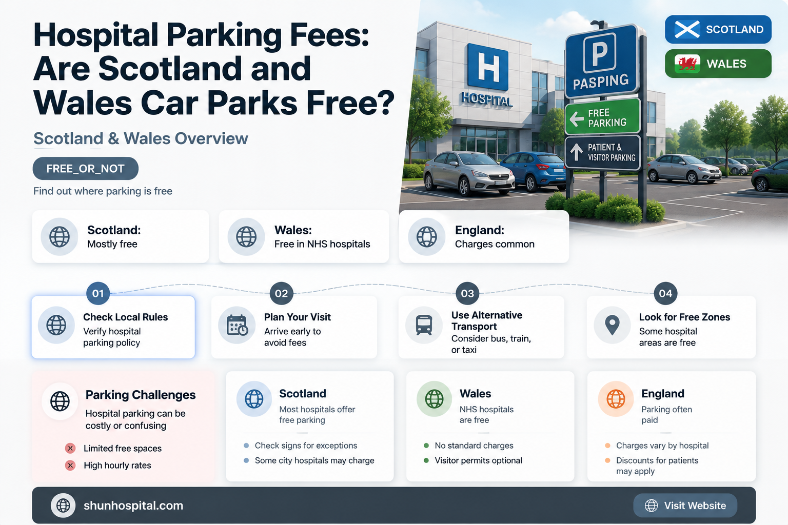are hospital car parks free in scotland and wales