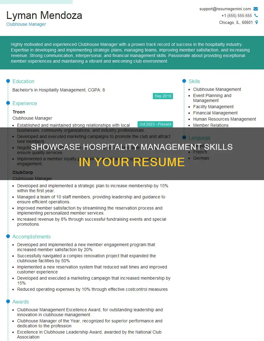 how to represent hospitality management on resume
