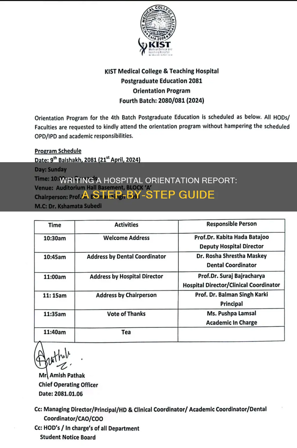 how to write orientation report of hospital